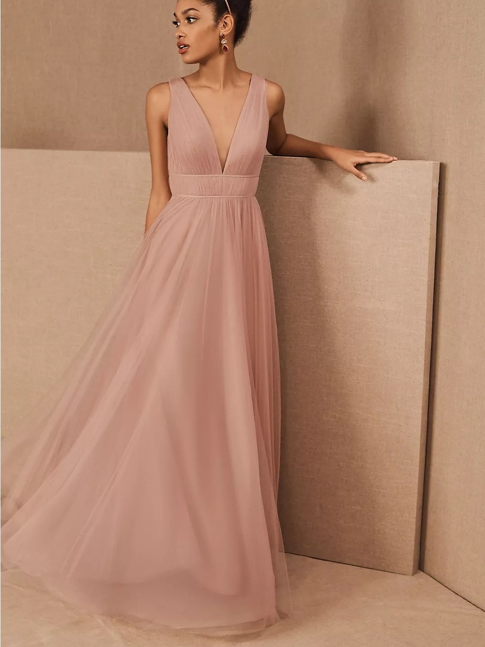 Jenny Yoo Blush Pink V-Neck Tulle Maxi Dress